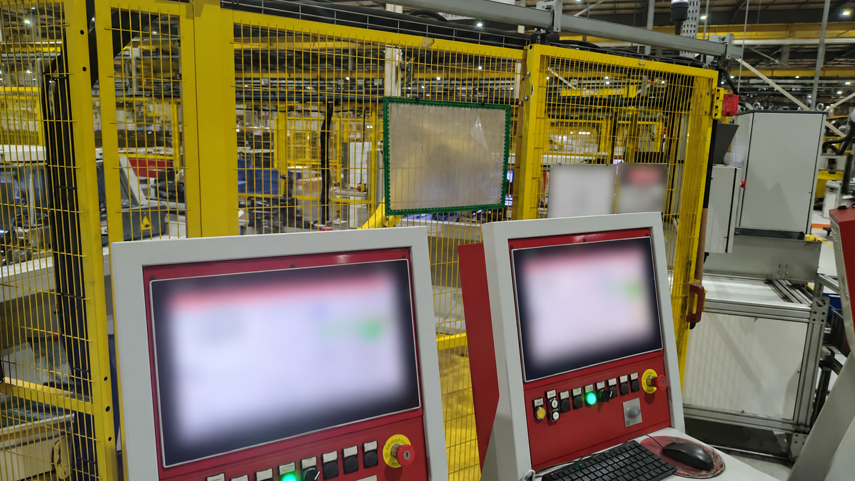 Painéis de operação em ambiente industrial, com o conteúdo das telas desfocado